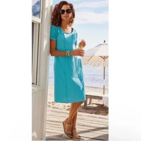 Soft Surroundings Gladstone Dress in Teal Embroidered Floral Print Knit Sz L - Picture 1 of 12